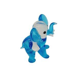 Mini Art Glass Elephant Blue Clear Applied Eyes & Tusks Curio Smalls 1.5" Cute